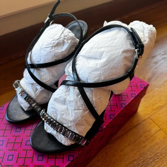 Tory Burch Crystal-Embellished Black High Heel Sandals | Size 7 | NWT + Dust Bag - Picture 2 of 10